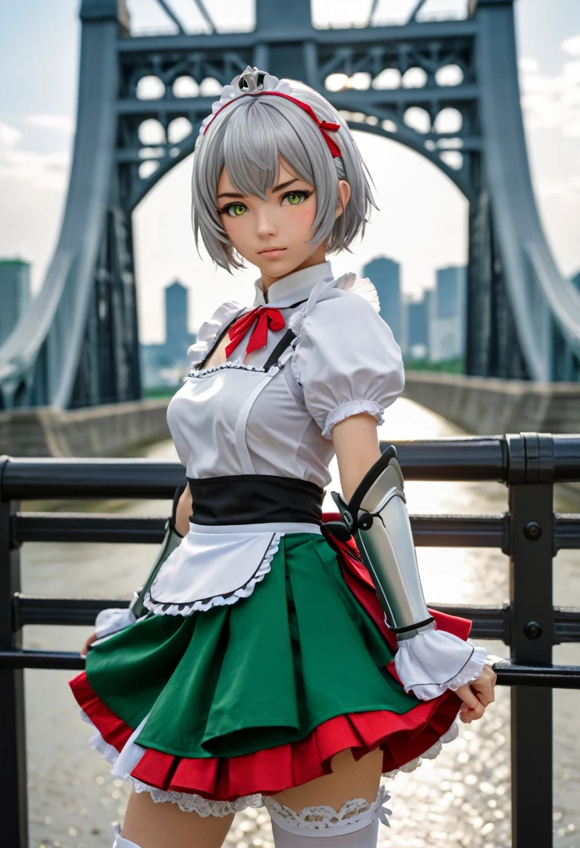 masterpiece, Highest quality, figure, Fighting Pose, One girl, Noel Genshin Impact, Silver short hair, Green Eyes, Maid skirt with red side parts, Maid Knight, Maid Knight armor, City Bridge,