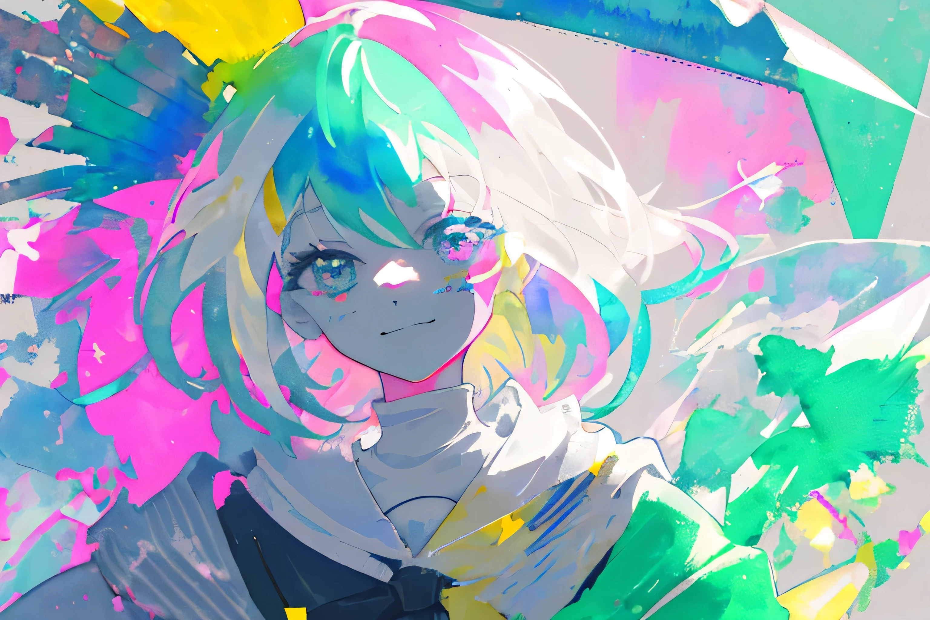 close, watercolor, Vibrant, pastel, Bright and shining eyes, big eye, eye, ((Delicate eyes)), Facial blemishes, Contrast, high Contrast, Dark Stripes,Gray Hair,smile,
anime girl with a cap and a nask, green messy hair, street background in neon pink and blue colors, stickers, smirk face high resolution, Cat figure