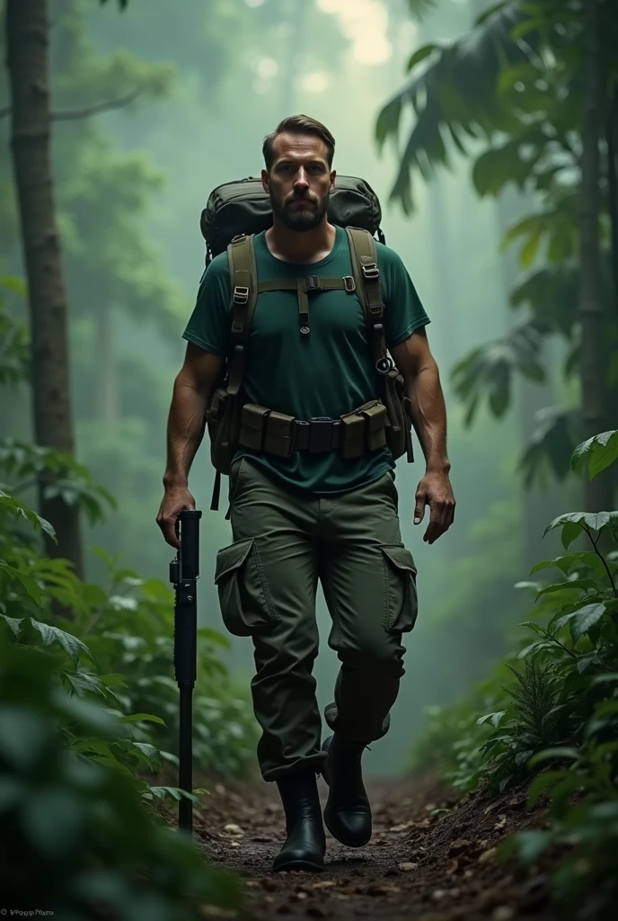 A full body, cinematic portrait of a Aerican-looking man with short hair wearing boots. He is 170 cm tall and weighs 70 kg. He is wearing a dark green tshirt and a North Face backpack, standing in a rainforest with a rifle. He is an hunter. The background has subtle light, creating a magical rainforest scene. The man is walking in the rainforest, creating a mystical rainforest atmosphere. He is a professional hunter. His face is looking at the camera, and the portrait is taken from the side. The image should be realistic.