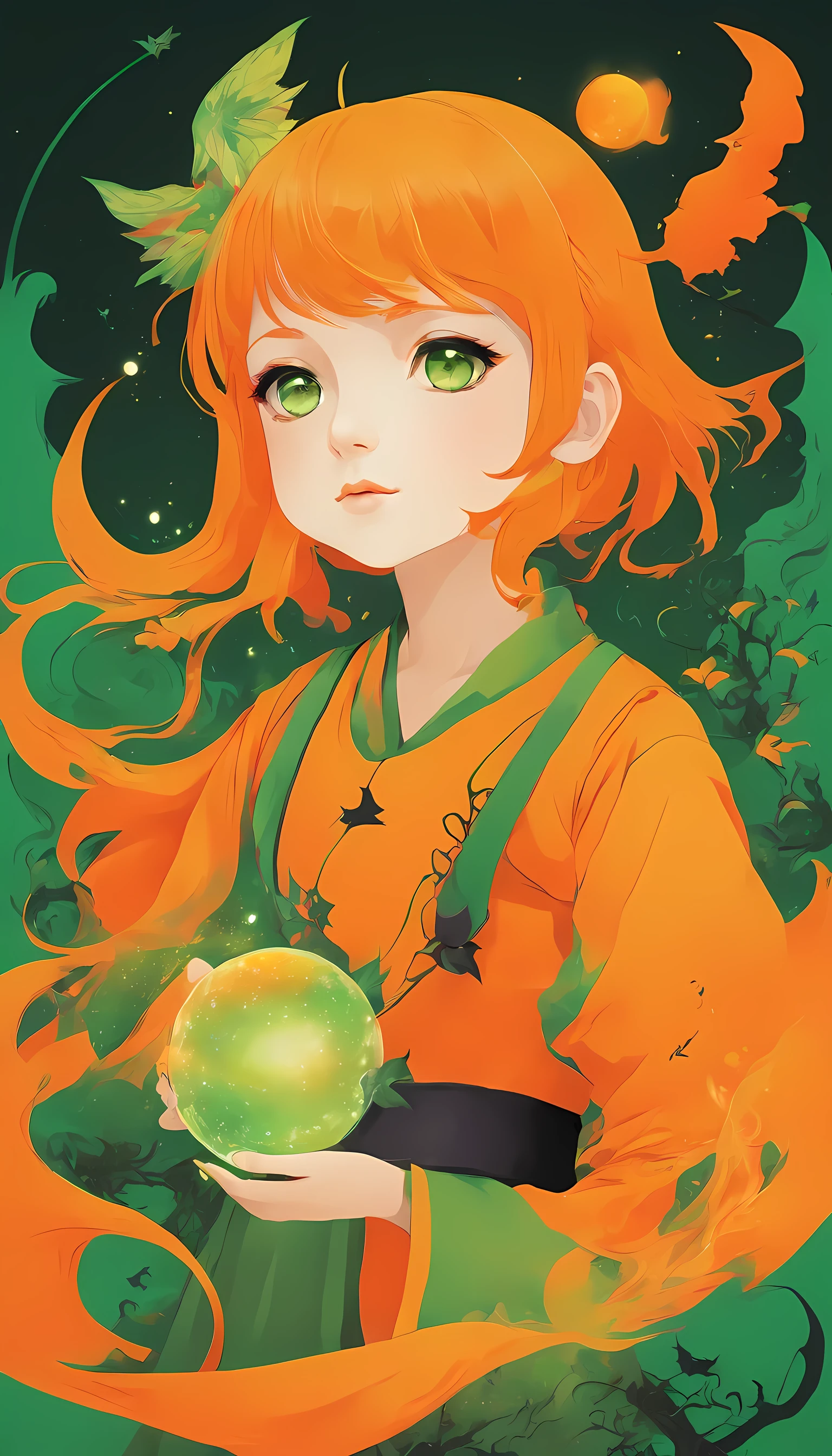 anime style illustration of a Child, in the style of witchcraft and fantasy, with vibrant colors, orange and green