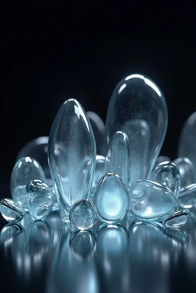 Create an abstract composition featuring glass-like forms in a low-light environment. The scene should be illuminated with subtle, soft lighting that highlights the transparency, reflections, and refractions of the glass shapes. The forms should be varied in size and shape, with smooth curves, sharp edges, and intricate textures, giving a sense of depth and complexity. The background should be dark, almost black, allowing the delicate play of light on the glass to be the focal point. The overall atmosphere should be mysterious and serene, evoking a sense of quiet elegance