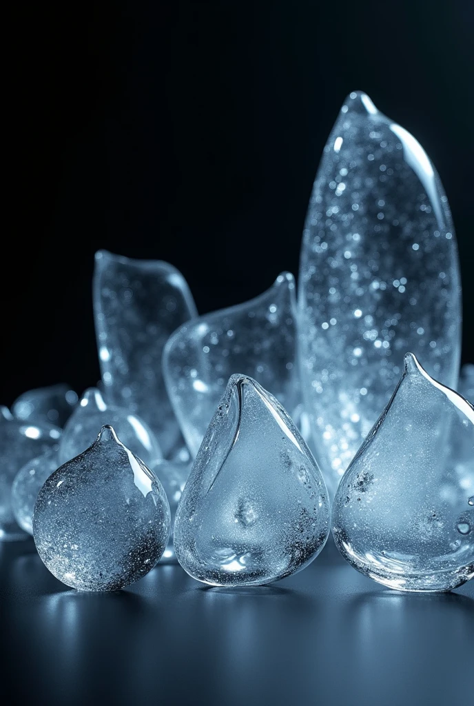 Create an abstract composition featuring glass-like forms in a low-light environment. The scene should be illuminated with subtle, soft lighting that highlights the transparency, reflections, and refractions of the glass shapes. The forms should be varied in size and shape, with smooth curves, sharp edges, and intricate textures, giving a sense of depth and complexity. The background should be dark, almost black, allowing the delicate play of light on the glass to be the focal point. The overall atmosphere should be mysterious and serene, evoking a sense of quiet elegance