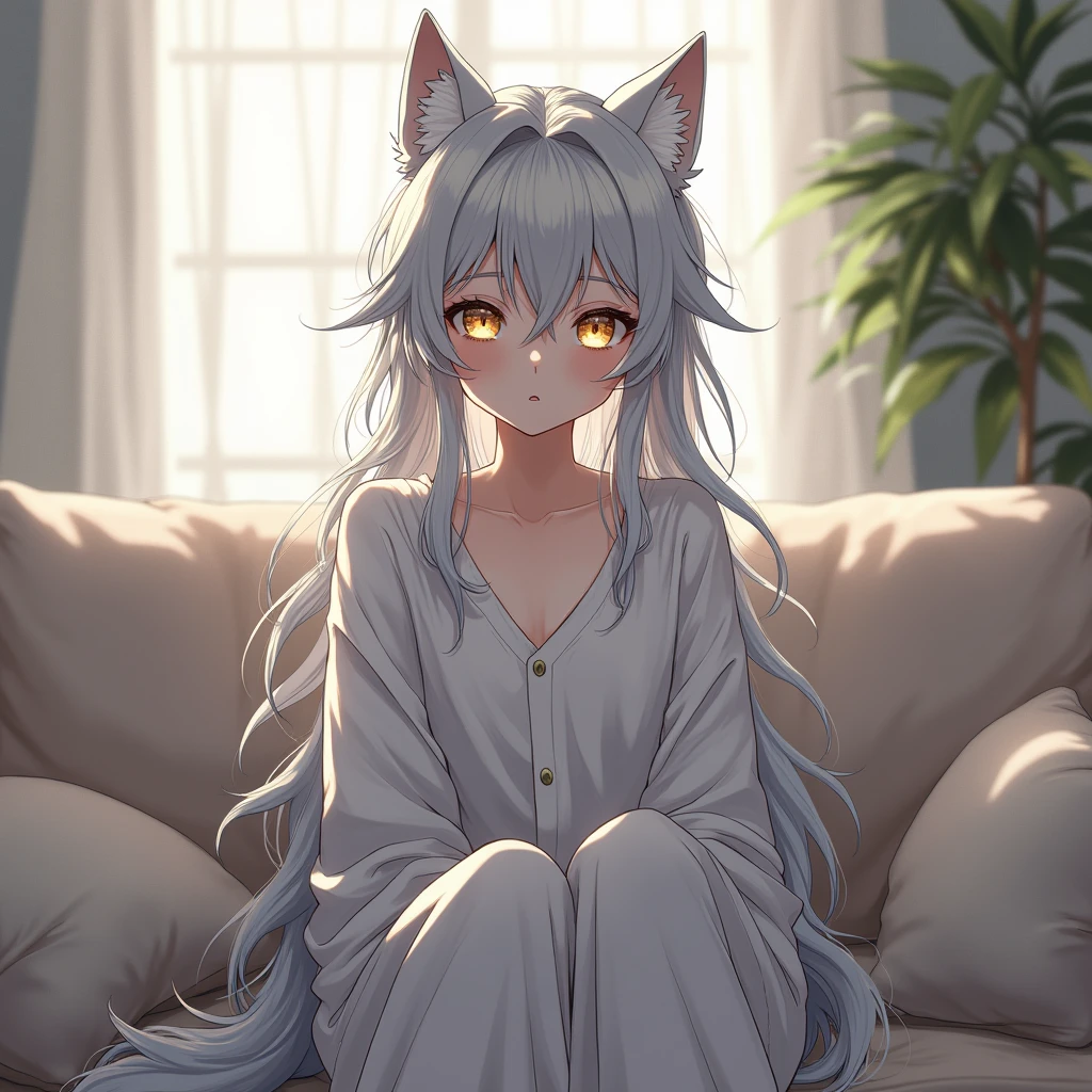 Anime, Demi-Human, Wolf, Long silver hair is a little messy, Gold eyes, white skin, wolf ears, Silver wolf tail, baggy shirt and pants, sit on the couch, 25 years