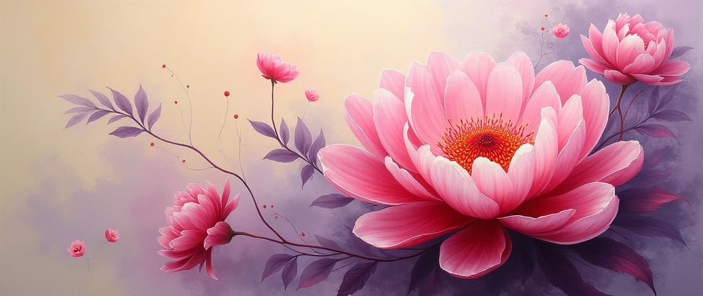 flower, Peony ,in the style of light red and white in the center, dreamy and romantic compositions, pale yellow, ethereal foliage, playful arrangements,fantasy, high contrast, ink strokes, explosions, over exposure, purple and red tone impression , abstract, ((oil painting )) brush strokes, negative space