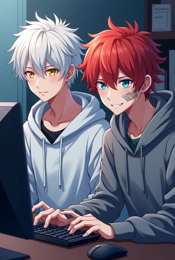 An handsome young Japanese man with white messy hair and golden eyes. White hoodsweater. A bit skinny. Sat on a chair with his gaming set up. Anime. Next to a Japanese young msn with red and not orange hair. The boy have a bandage on his cheeks and bruises under his eyes. He have light blue eyes. Smirk.