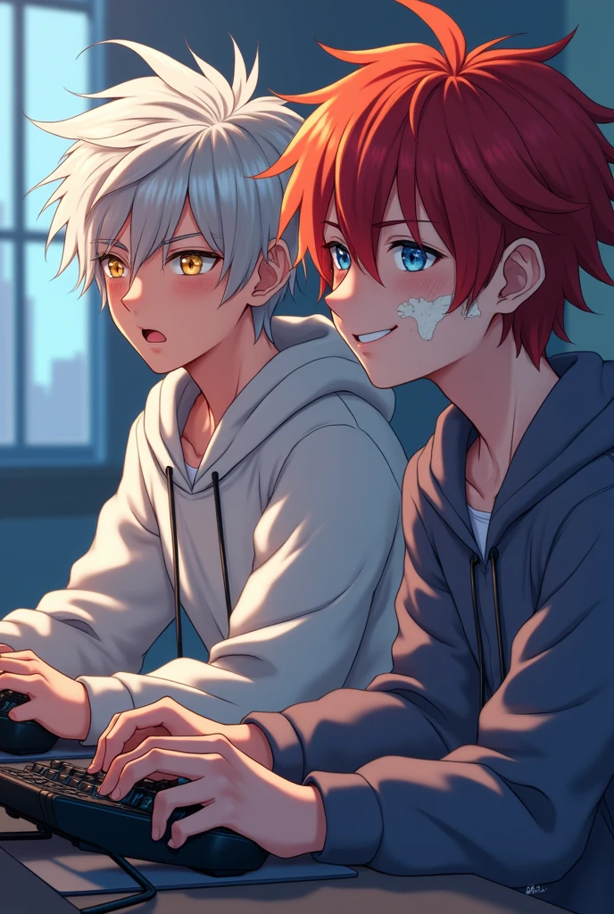 An handsome young Japanese man with white messy hair and golden eyes. White hoodsweater. A bit skinny. Sat on a chair with his gaming set up. Anime. Next to a Japanese young msn with red and not orange hair. The boy have a bandage on his cheeks and bruises under his eyes. He have light blue eyes. Smirk. 