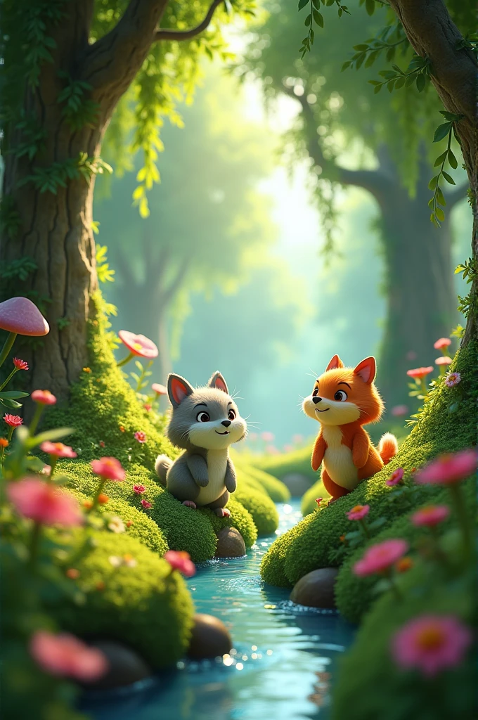 In a lush forest. 3d animation. Disney inspired