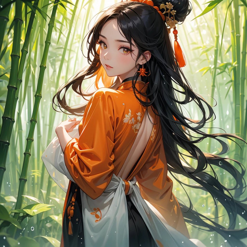 A beautiful girl with black long hair, wear orange-black ancient chinese clothes, with the sun shining on her face, close up.

The back is a lush green bamboo forest. The air after rain has water droplets splashing around.