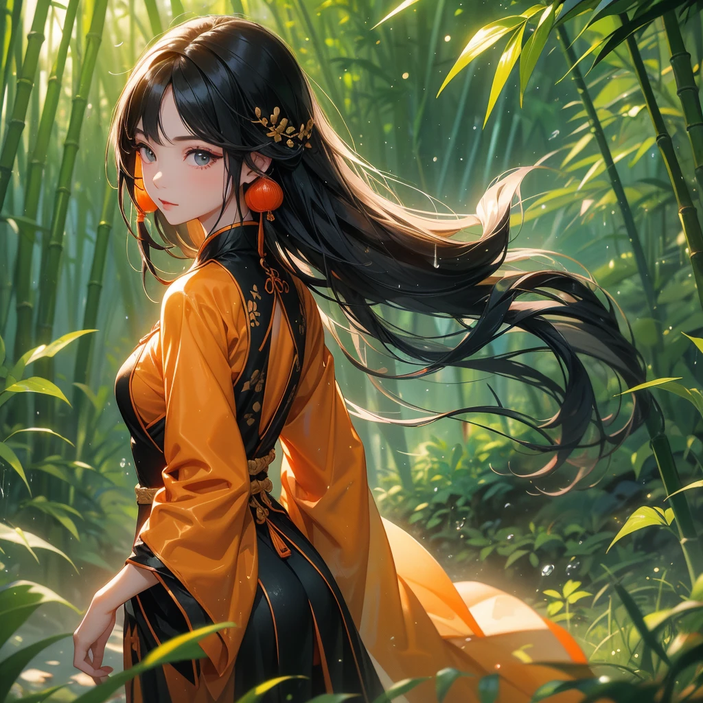 A beautiful girl with black long hair, wear orange-black ancient chinese clothes, with the sun shining on her face, close up.
The back is a lush green bamboo forest. The air after rain has water droplets splashing around.