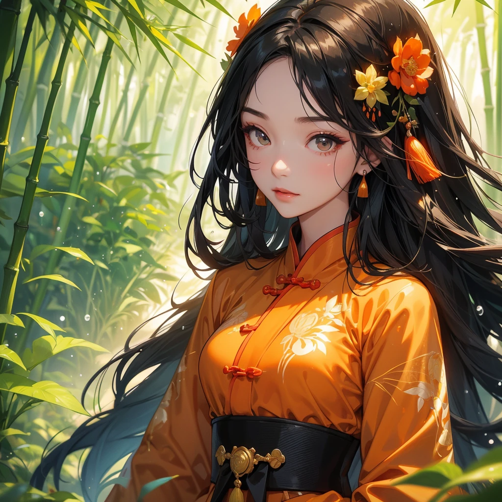 A beautiful girl with black long hair, wear orange-black ancient chinese clothes, with the sun shining on her face, close up.

The back is a lush green bamboo forest. The air after rain has water droplets splashing around.