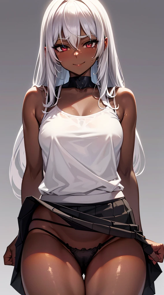 (dark skin,Silver Hair,Fox Girl),(Perfectly detailed face),(Young) ,(camisole,mini skirt),(((skirt lift))), (((Black underwear))),sweaty,Smirk,High resolution, masterpiece, Highest quality, High resolution