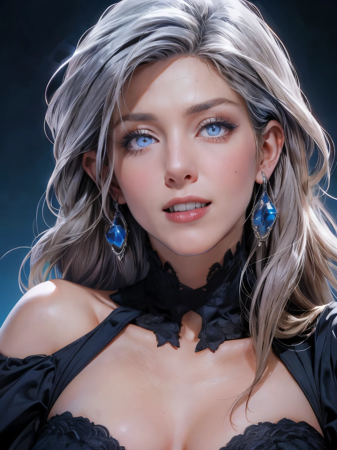 beautiful vampire woman in her 30s, with blue eyes and striking features, exuding maturity and allure in a seductive pose.(dark-blue background), pointy ears, (glowing blue eyes), ((big sharp fangs)), beauty, ((long white hair)), an14