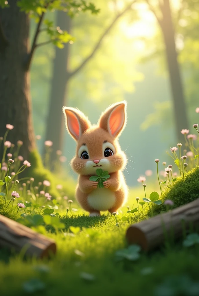 Margo, a small, fluffy bunny, loved hopping through the woods, nibbling on clover and basking in the sun.

Generate a serene woodland scene with a small, fluffy bunny (Margo), hopping around and nibbling on clover. The scene is bright and sunny, with rays of sunlight streaming through the trees.