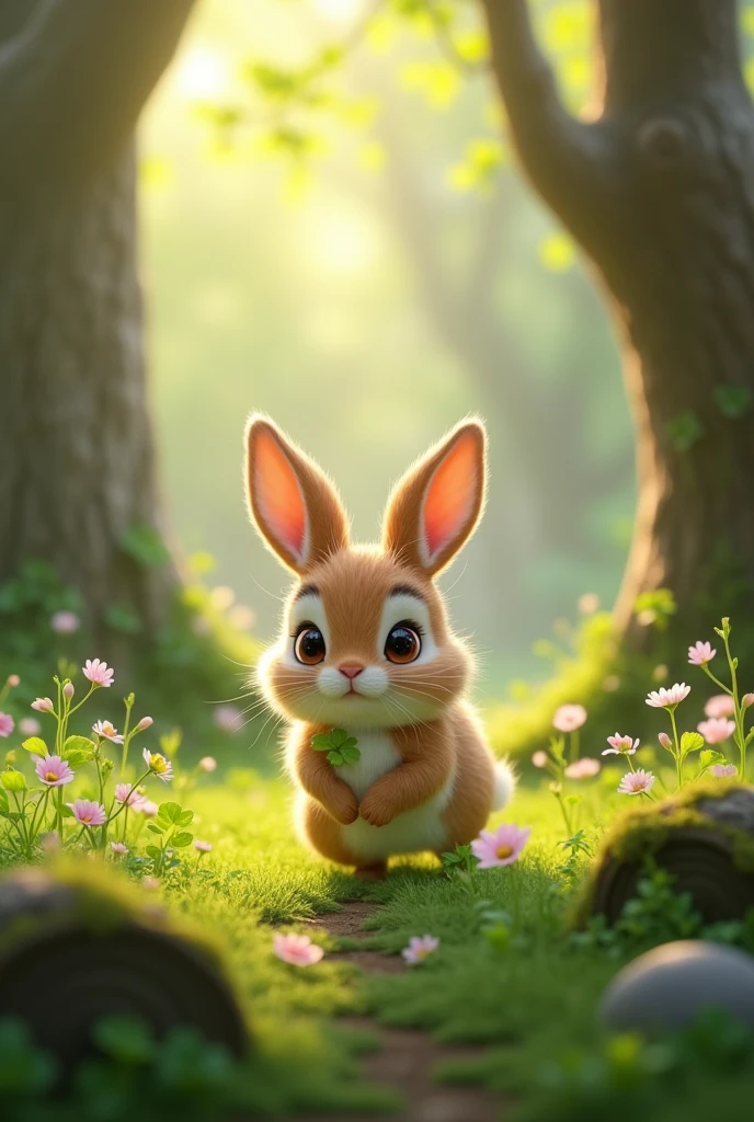 Margo, a small, fluffy bunny, loved hopping through the woods, nibbling on clover and basking in the sun.

Generate a serene woodland scene with a small, fluffy bunny (Margo), hopping around and nibbling on clover. The scene is bright and sunny, with rays of sunlight streaming through the trees.