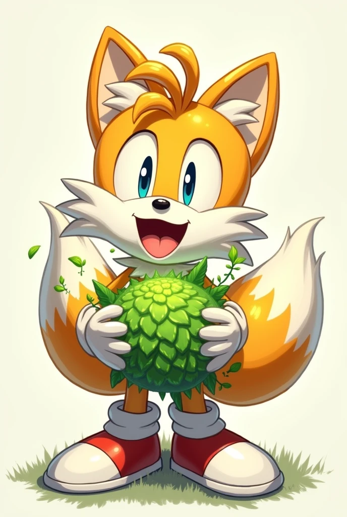 Miles tails holding a weed plant happy