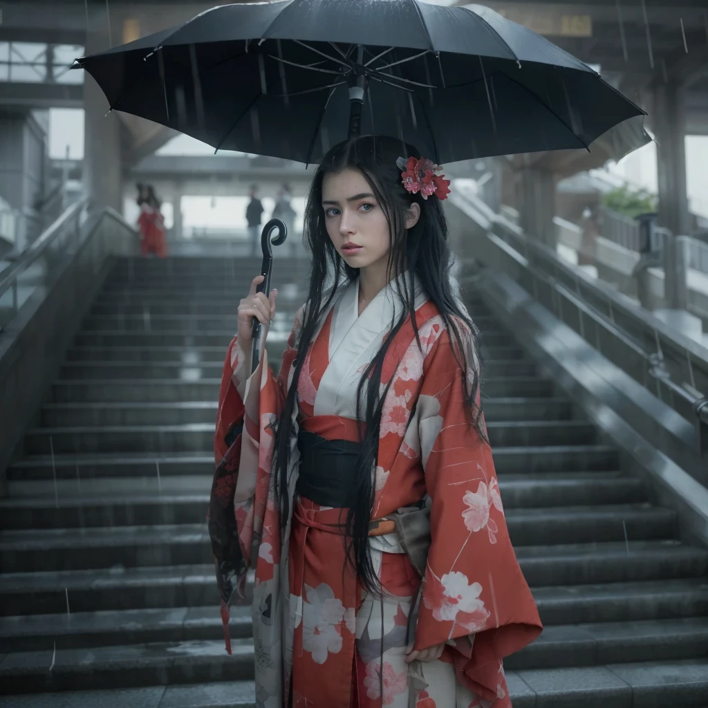 A girl youngs teen body tall famous net idol girl masterpieces pedigree japanese (hyperdetailed)(hyperrealistics), face oval slim more japaneses cure beautiful(full HD)(detailed)(realistics), skin white aura, trick eyebrows, eyes sky blue lignting, hair long straight black, (detailed),(realistic), red miko kimono, (detailed),(realistics)
A photo a girl masterpiece hafe body,standing with an umbrella black, indifferrene, peaceful, look at the exit, Cloudy dark light rain, lighting shining, On background standing with an RED umbrella at the sation exit stairs tokyo station, japan (cinemstic darksoul society style),(8K),(real engine),(high quality),(full HD),(detailed),(realistics,masterpiece:1.3),(8K),(detailed),(realistics),