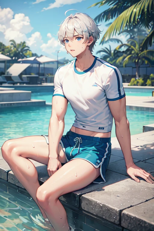 ((Highest quality)), ((masterpiece)), (detailed),One young man、male、Embarrassing、White-like silver hair、look up、Watery blue eyes、Sit with your legs apart、Trousers that reveal your silhouette、Shorts up to the knee、A half-removed shirt、Sweaty、male、Man、Short Hair、White Hair、A half-removed shirt、A white shirt and light blue shorts、Muscular、Having an erection、Perfect body structure