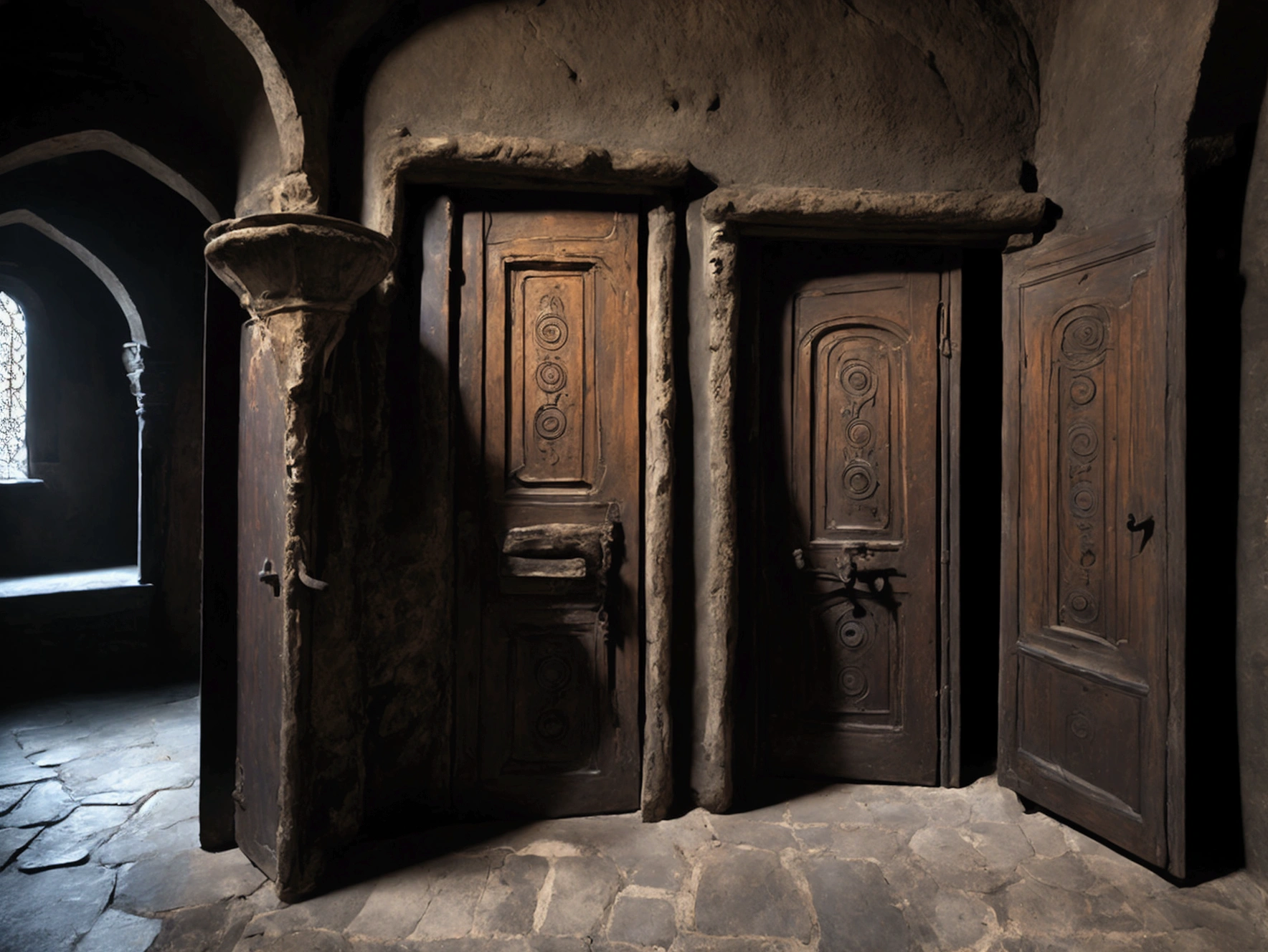 dark antique room with far away closed door