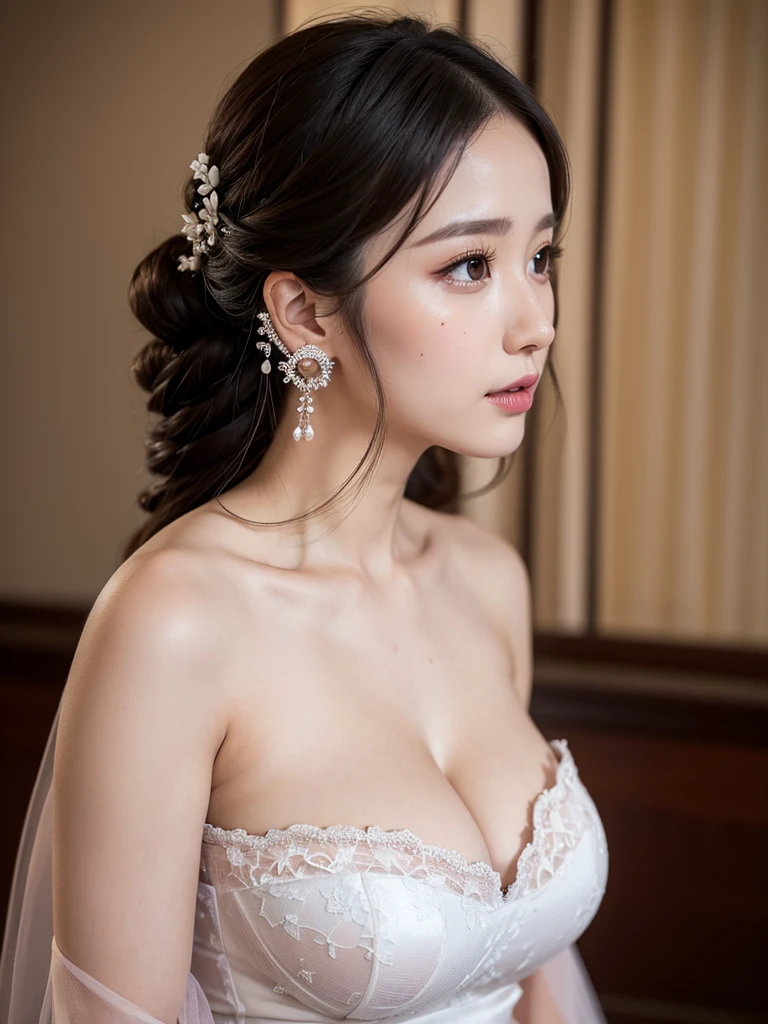 (earrings, breast), from side, male pov, 
(girl), (Bridal Accessories for hanfu Cheongsam Kwa Phoenix), (strapless), (shawl), (Cosplay photo), ((cleavage)), 
chill out, highres, french braid, heterochromia, 
((huge breast)), ((large breasts)), (mole), 
(looking at viewer), ,