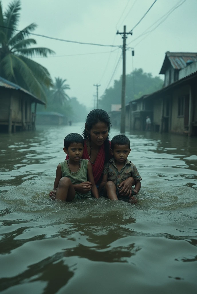 A Bangladeshi village submerged in flood water. All the houses have been submerged in the flood water. Flood water around the village. A helpless mother wailing on the water floats her two children.