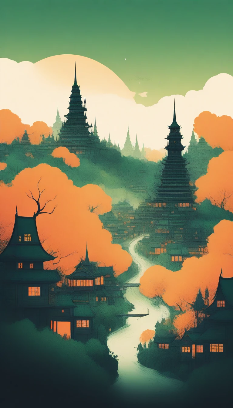 anime style illustration of a Cityscape, in the style of witchcraft and fantasy, with vibrant colors, orange and green
