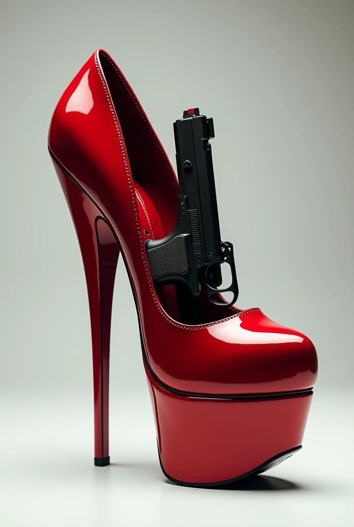 A shiny red heel with a gun in it