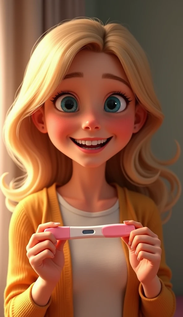 A happy blonde young woman holding a pregnany test, pixar style, cinematic, masterpiece, high-aesthetic, portrait