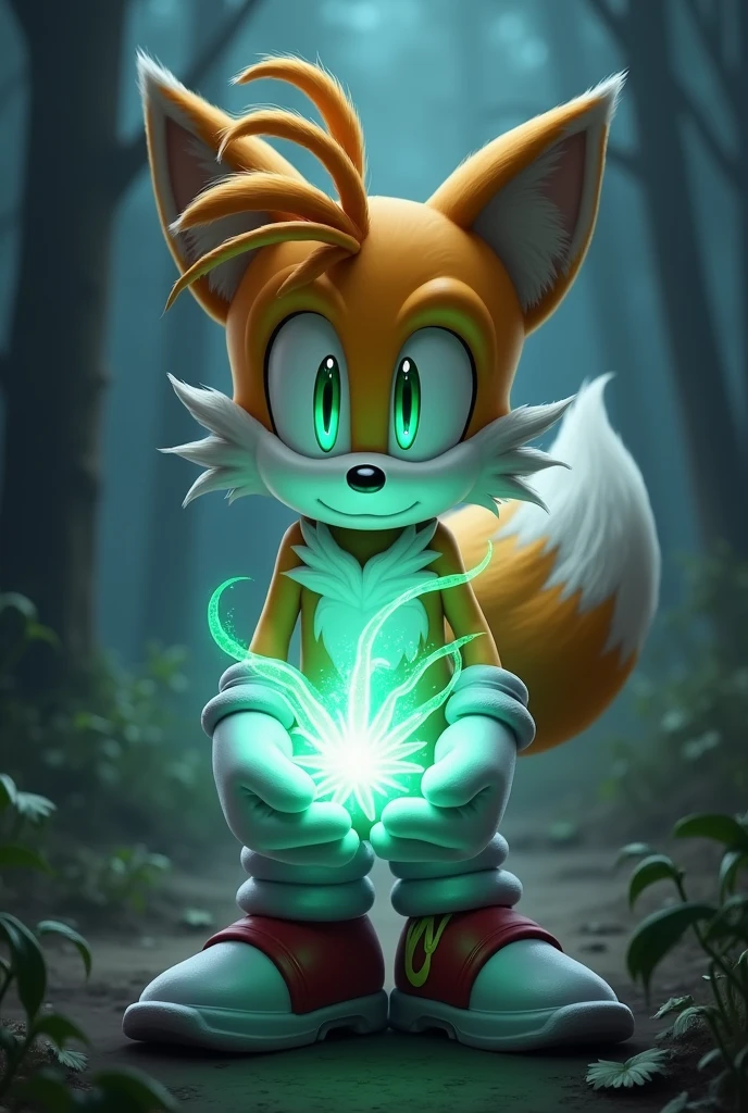 Miles tails holding a weed plant with glowing eyes