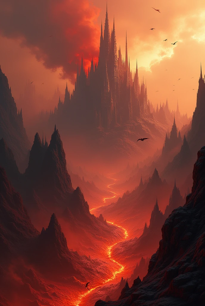 ((best quality)), ((masterpiece)), dnd, dungeons and dragons, scene, landscape, hellscape, aerial view, hell, avernus, demon city, city in hell, distant small demons, multiple creatures, scary, small flying demons in the distance, lava, fire, trending artwork, masterpiece