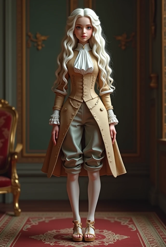 A 1.5 meters tall girl in her 20s wearing: wide knee-lenght breeches, a wide short justacorps above a corset, a white jabot cravat, sandals with wedges and a ribbon on top and a long white curly wig
