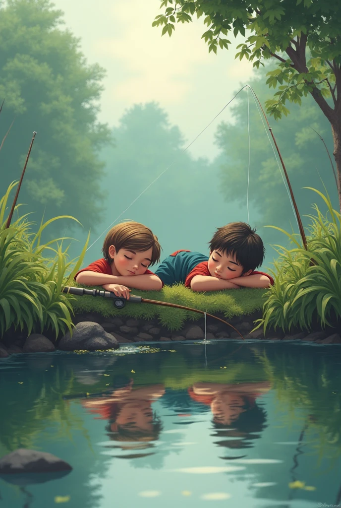 Two sleepy male agers fishing, each has a fishing rod, they are on the edge of a stream and are lying down.