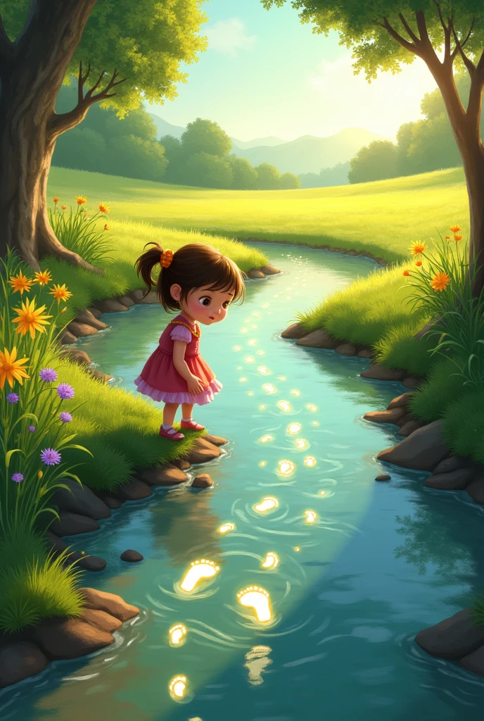Margo you generated picture early include that 🙄One sunny afternoon, while playing near a bubbling brook, she noticed something unusual—a trail of sparkling footprints leading towards the meadow.
Show Margo playing near a clear, bubbling brook. The focus should be on a trail of sparkling, glowing footprints leading away towards a bright and open meadow in the distance.