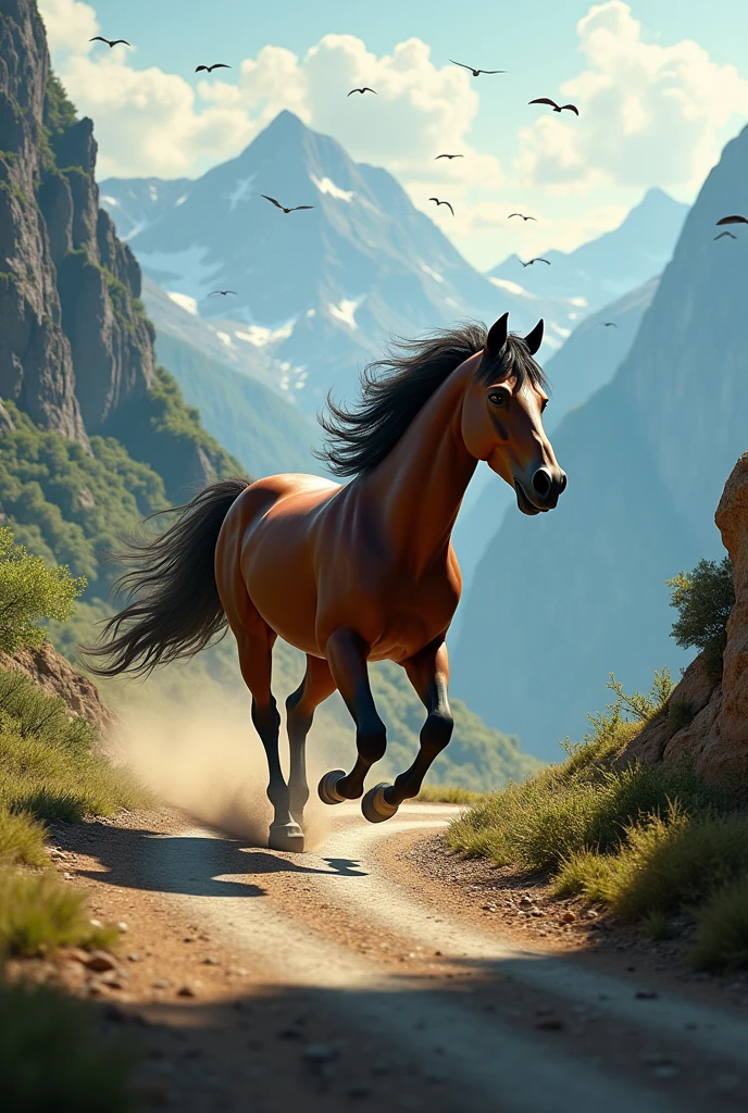 Max's Adventure
- An action-packed image of Max, the Mustang, driving on a winding road, with a scenic landscape and a few birds flying alongside.