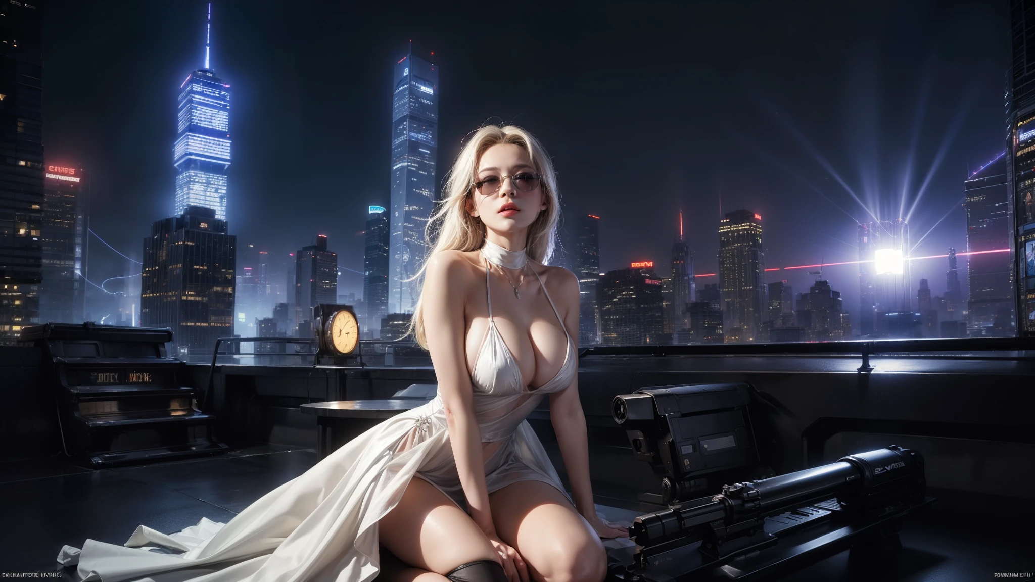 (Wide angle view). Matrix film inspired New York city, simple outlined neon tall buildings, glowing giant clock tower, year 1937 cars, lightning, 3D rendering Beeple. At night, (1girl, solo, alone), photorealistic, large-breast slim:0.6 body, oval:0.5 face, cleavage:1.1, very low angle view of sexy ethereal white dress, deep-v, ((upskirt)), glove, (Matrix style black micro sunglasses), ((aiming viewer with a short gun)), (half-body thigh level close-up shot), cinematic lighting, ray tracing.