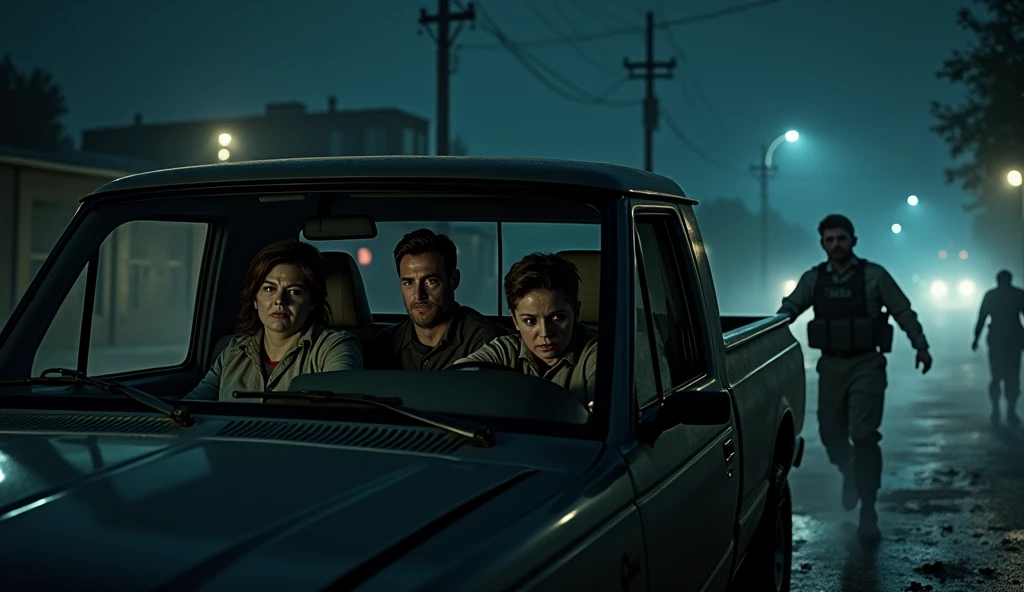 Swat Roger, stephen and charley with news news anchor francine and liza, in the pickup
As they drive deeper into the night, the streets are eerily quiet, the only sound the rumble of the truck’s engine and the occasional groans of zombies in the distance. “Where do we go from here?” Peter asks, leaning forward in his seat.
