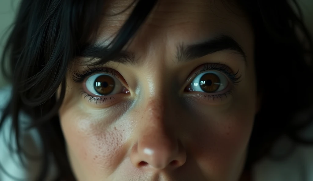 Cinematic, realistic, An extreme close-up of a woman's face, focusing on their wide, brown eyes that are filled with shock and fear. The pupils are slightly dilated, and the character's eyebrows are raised, emphasizing the intense emotion. The lighting is dramatic, casting shadows across the face, which highlights the tension in the scene. The character's hair is dark, partially framing their face, and there are subtle lines around the eyes, suggesting stress or anxiety. The background is minimal, keeping the attention on the character's expression.