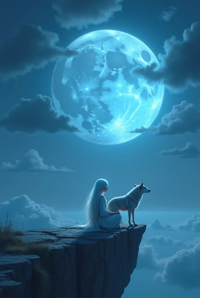 a white-haired girl,Sitting on the edge of a cliff with his pet wolf,The background is a blue moon。