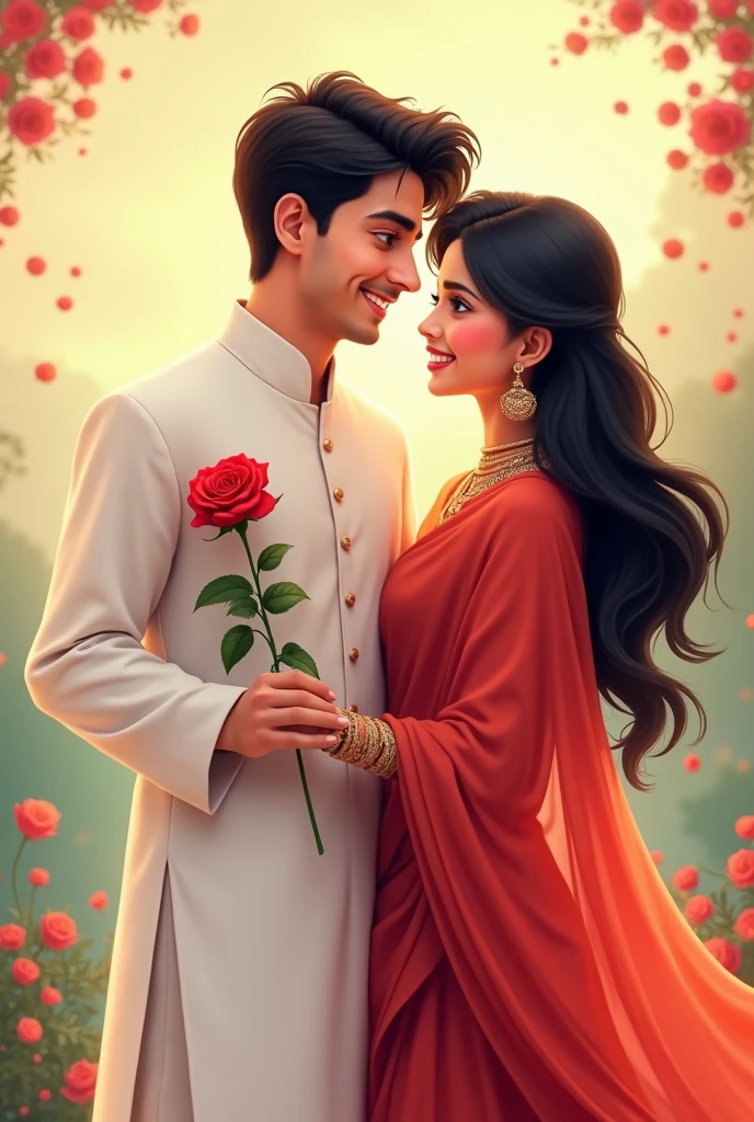 A young cute boy age 24 his face is so cute,blue eyes,whaite panjabi, white pajama,  in right  hand a beautiful red rose his left hand is holding a girl 2 she is wearing a red saree both are smiling her black shinny hair is flying 