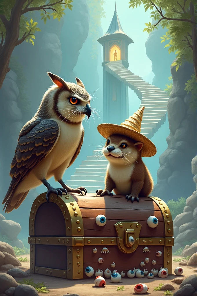 An owl and an otter with a straw hat sit on a treasure chest.
The treasure chest has several sharp teeth and 2 dozen eyes.
In the background there is a crystal tower and an endless staircase.