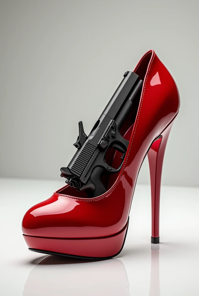 A shiny red heel with a gun in it