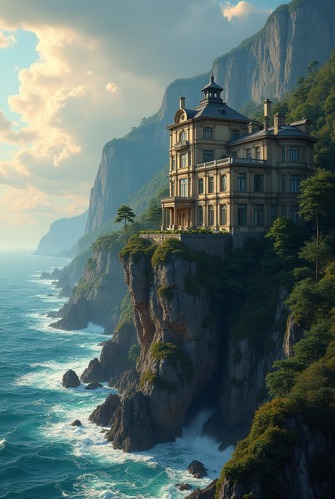 (((Une maison étonnante))), style du XIXème siècle, (((avec terrasses))), (beaux jardins), bord de mer , ((Au sommet d'une falaise escarpée)) format d'illustration, palette de couleurs froides et chaudes, Contraste élevé, ombres dures (chef-d'œuvre, la plus haute qualité), (Éclairage et ombre exquis, image très dramatique, effet de lentille cinématographique), (((Style visuel de Simon Stålenhag)), maison de 300 mètres carrés, plafond hausmanien,