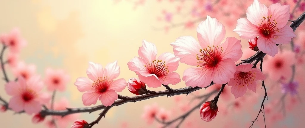 flower, cherry blomssom ,in the style of light red and white in the center, dreamy and romantic compositions, pale yellow, ethereal foliage, playful arrangements,fantasy, high contrast, ink strokes, explosions, over exposure, purple and red tone impression , abstract, ((oil painting )) brush strokes, negative space