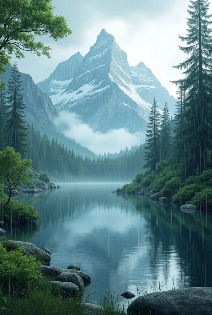 A peacefull rainy mountain and greeny trees