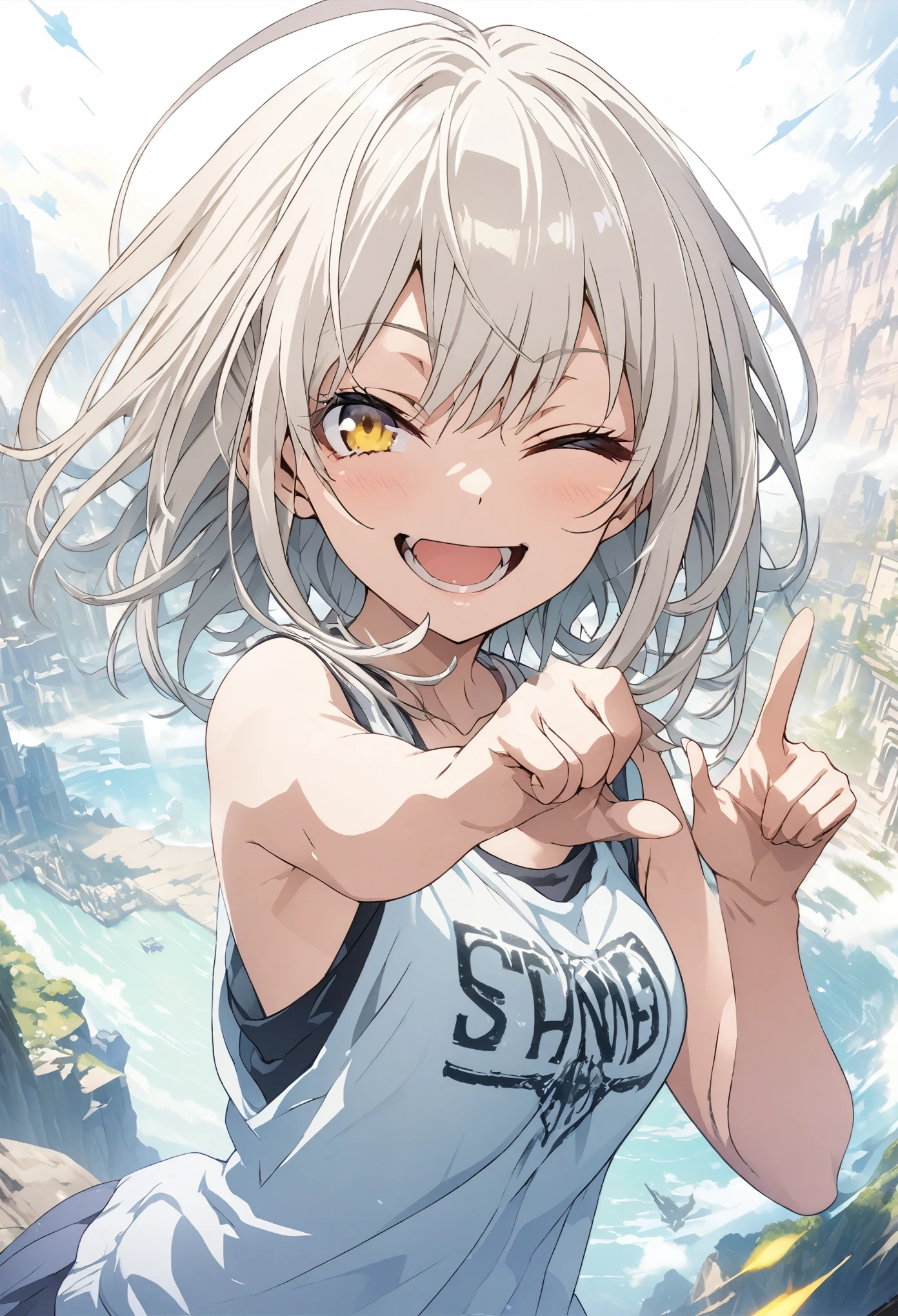 masterpiece, Highest quality, Highly detailed CG Unity 8k wallpaper, High School Girl Anime Illustration. Wear an oversized tank top、Finger gun pose、she has her eyes closed and mouth open, smile. The background is a light pastel colored landscape.., white hair color, Yellow Eyes, Deep writing depth