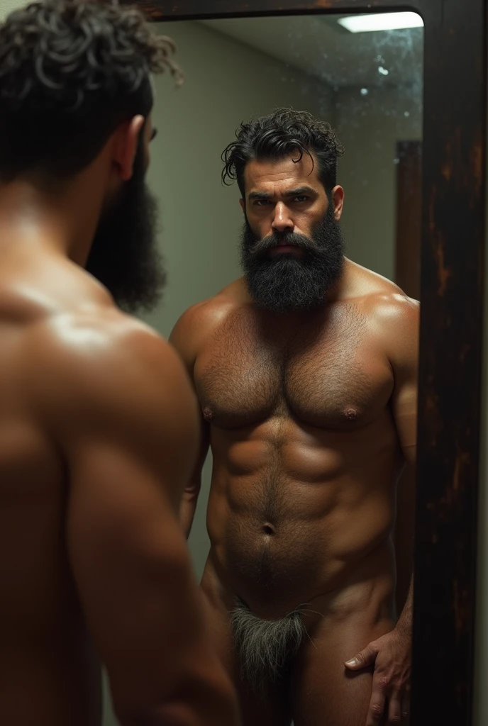 Strong Puerto Rican man with hairy body, very hairy, bearded man in front of the mirror naked naked from the belly down, nakeness, penis, very hairy groin, only bust showing.