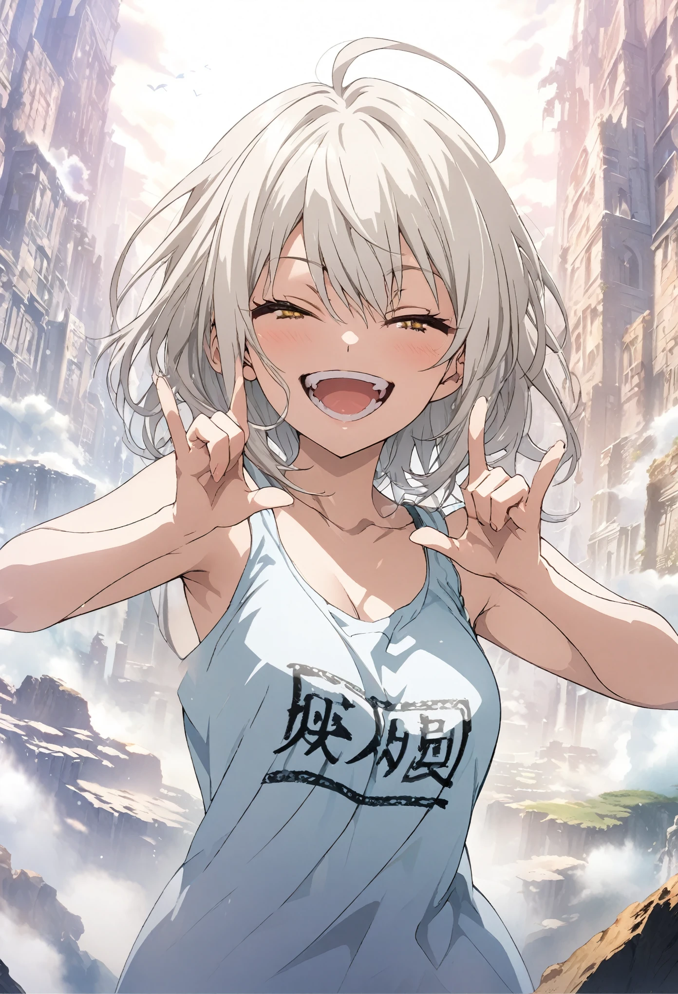 masterpiece, Highest quality, Highly detailed CG Unity 8k wallpaper, High School Girl Anime Illustration. Wear an oversized tank top、Finger gun pose、she has her eyes closed and mouth open, smile. The background is a light pastel colored landscape.., white hair color, Yellow Eyes, Deep writing depth