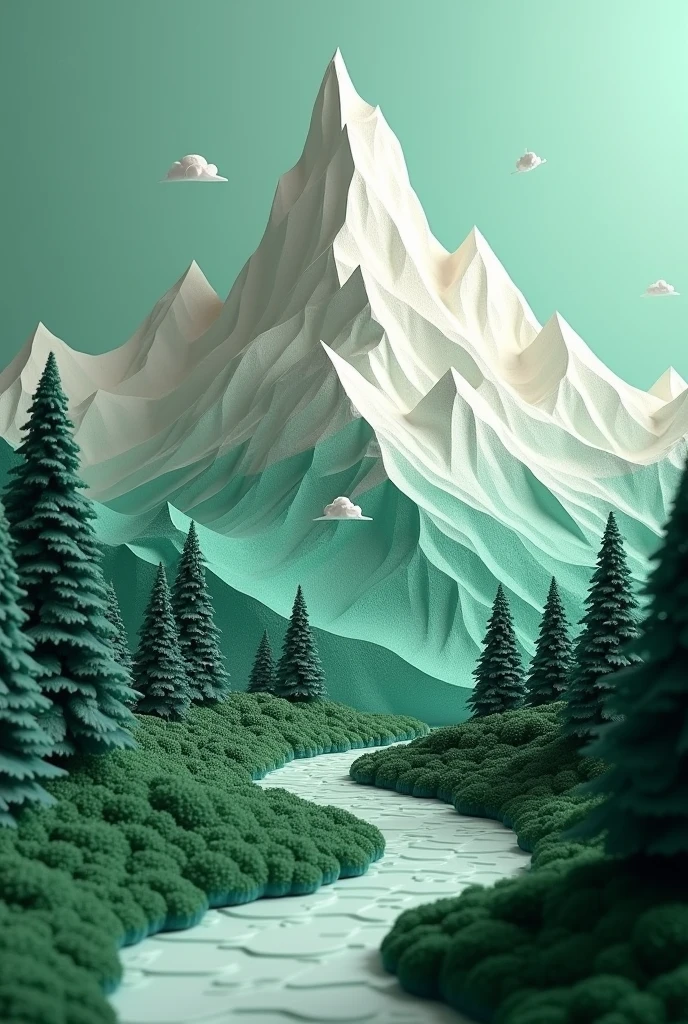 A mountain, snow on top, 3D cardboard, green tone is main