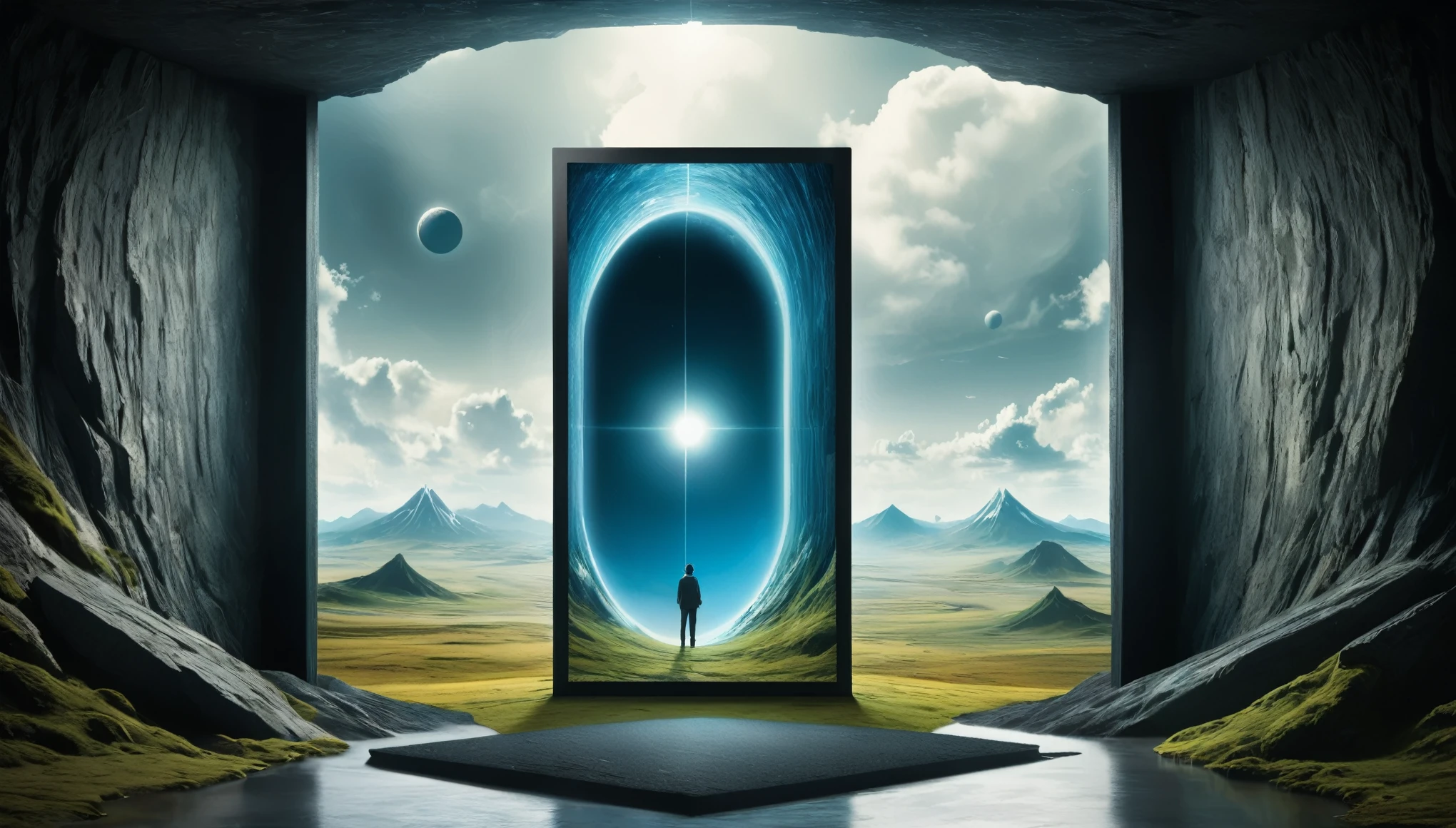 Surreal Scene,
The screen is divided vertically into three parts: normal landscape on the left side of the screen,
A portal to another dimension is open in the middle of the screen,
The view of the other world is on the right side of the screen,
The borderline between the three parts of the screen should be seamless so that there is no sense of discomfort.