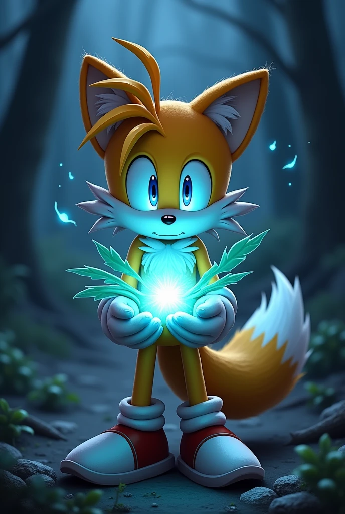 Miles tails holding a weed plant with glowing eyes