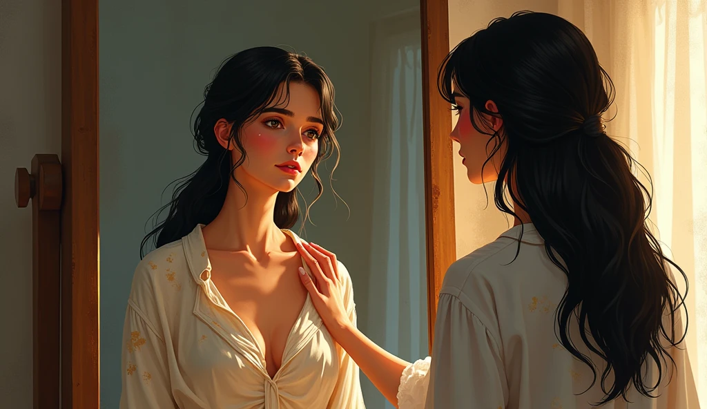 Leena:
Appearance: Leena is a young woman with shoulder-length, wavy dark hair, appearing slightly unkempt as if she has been absorbed in her work for hours. She has a fair complexion with subtle signs of fatigue: slight dark circles under her eyes and a few stress lines on her forehead. She is wearing a simple, paint-splattered t-shirt and comfortable pants, indicative of her life as an artist. Her expression is one of reluctance and unease as she faces her reflection, her eyes wide with a mix of apprehension and curiosity
Posture: Leena stands directly in front of the mirror with her shoulders slightly hunched, conveying her discomfort. Her hands are loosely at her sides, and her stance is hesitant, as though she is bracing herself for what she might see.
Mira:
Appearance: Mira is an elegant, older woman with long, flowing silver hair that glistens softly in the studio's light. She wears a flowing robe that shimmers subtly, adding to her mystical and graceful presence. Her robe is made of a delicate, light fabric that catches the light, giving her an almost ethereal glow. Mira’s face is calm and serene, with gentle eyes that convey a sense of deep understanding and wisdom. Her smile is soft and empathetic, showing her patient and kind nature.
Posture: Mira stands slightly behind Leena, her posture upright and composed. She gently places one hand on Leena’s shoulder, providing a comforting presence. Her stance is relaxed and open, with her body slightly angled towards the mirror as if encouraging Leena to face herself. Mira’s overall demeanor is one of quiet strength and supportive guidance, reflecting her role as a gentle mentor in this moment of self-realization for Leena.
Style: Illustrative with a focus on reflective surfaces, using warm tones and subtle lighting to capture the mirror’s importance. The reflections should be clear, with Leena’s expression and emotions vividly displayed.
Characters: Leena stands directly in front of the mirror, her eyes locked